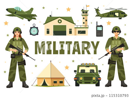 Vector Illustration of Military Army Forces featuring Soldiers, Weapons, Tanks, and Heavy Protective Equipment in a Flat Style Cartoon Background 115310793