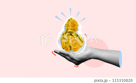 A human hand showing dollar golden coins in the jar A human hand showing dollar golden coins in the jar 115310820