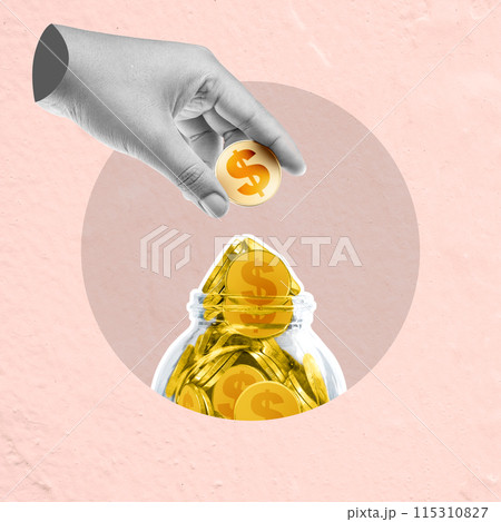 A human hand put dollar golden coins into the jar A human hand put dollar golden coins into the jar 115310827