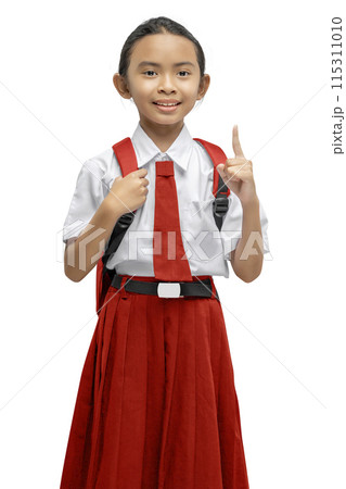 Portrait of an Asian elementary school student girl in uniform with a backpack pointing a finger Portrait of an Asian elementary school student girl in uniform with a backpack pointing a finger 115311010
