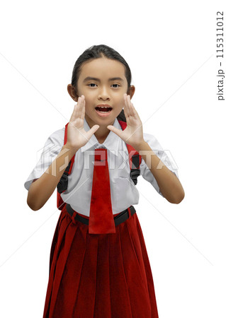 Portrait of an Asian elementary school student girl in uniform with a backpack shouting something Portrait of an Asian elementary school student girl in uniform with a backpack shouting something 115311012
