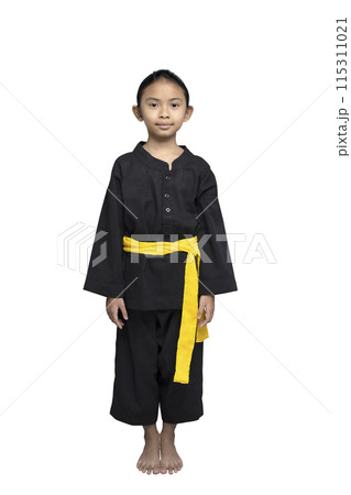 Asian little girl with a yellow sash training martial arts 115311021