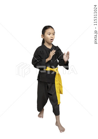 Asian little girl with a yellow sash training martial arts 115311024