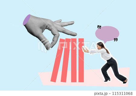 A woman is trying to push a stack of blocks, which are red and white 115311068