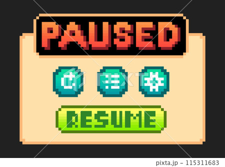 8-bit pixel text, game pause menu. Background icon for game assets in vector illustrations. 8-bit pixel text, game pause menu. Background icon for game assets in vector illustrations. 115311683