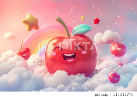 A smiling apple with a leaf on top is sitting on a cloud 115312776