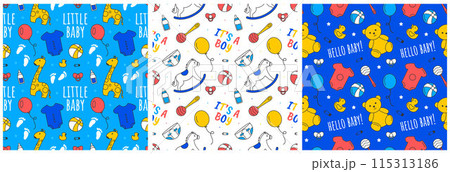 Baby Seamless Pattern Design, A Set of Simple Decorative Elements in a Hand Drawn on Style Cartoon Flat Illustration Template Baby Seamless Pattern Design, A Set of Simple Decorative Elements in a Hand Drawn on Style Cartoon Flat Illustration Template 115313186