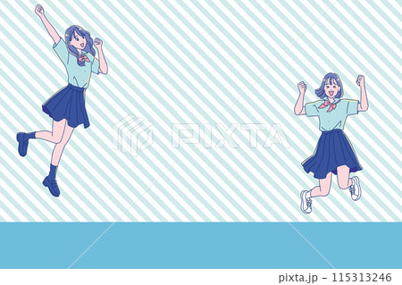 ジャンプして喜ぶアニメ調の女子学生 115313246