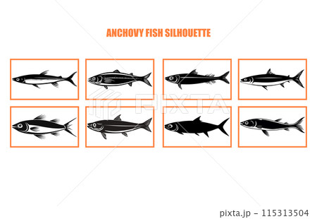 set of Anchovy fish silhouette isolated on white, animal anchovy natural logo vector icon silhouette 115313504
