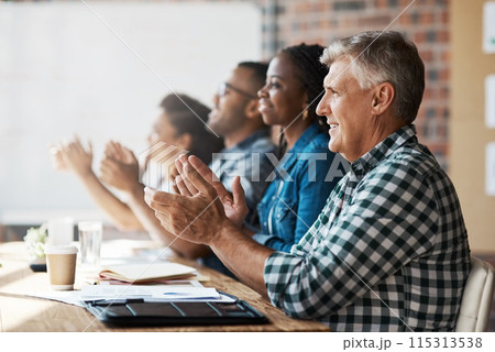 Business people, group and applause for celebration in seminar with company growth and target achievement. Audience, professional employees or clapping hands for success or victory at team conference Business people, group and applause for celebration in seminar with company growth and target achievement. Audience, professional employees or clapping hands for success or victory at team conference 115313538