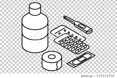 Disaster prevention goods, first aid supplies set simple line drawing, isometric illustration 115313728