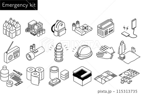 防災グッズのシンプルな線画、アイソメトリックイラストセット 防災グッズのシンプルな線画、アイソメトリックイラストセット 115313735