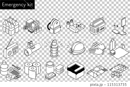 防災グッズのシンプルな線画、アイソメトリックイラストセット 防災グッズのシンプルな線画、アイソメトリックイラストセット 115313735