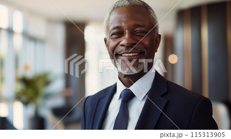 Confident Senior Businessman in Professional Attire Smiling in Modern Office Environment 115313905