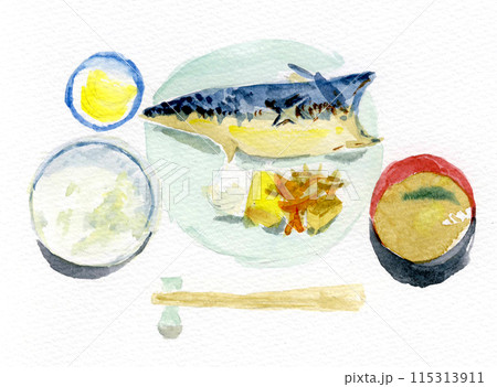 和食　さばの定食　手描き水彩イラスト 115313911