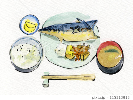 和食　さばの定食　手描き水彩イラスト 115313913