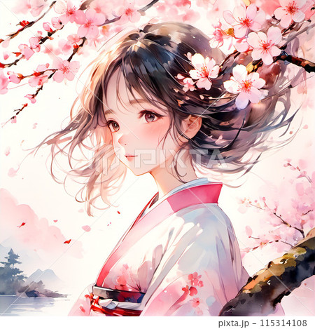 着物を着た可愛い女性と桜【AI生成画像】 115314108