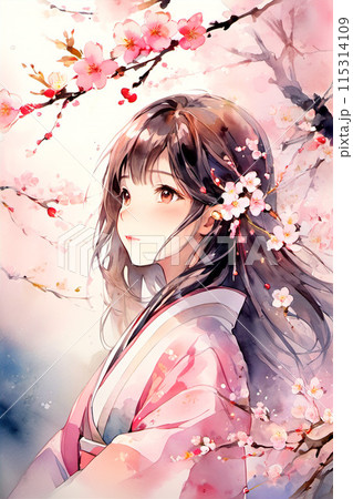 着物を着た可愛い女性と桜【AI生成画像】 115314109