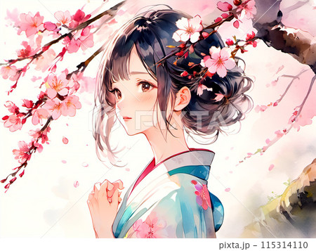 着物を着た可愛い女性と桜【AI生成画像】 115314110