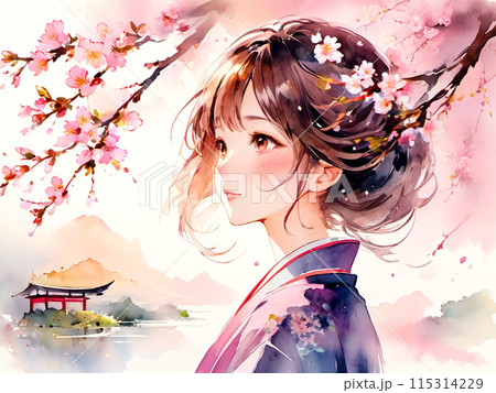 着物を着た可愛い女性と桜【AI生成画像】 115314229