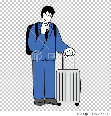 スーツケースを持って悩むスーツ姿のシンプルな男性の線画イラスト スーツケースを持って悩むスーツ姿のシンプルな男性の線画イラスト 115314443