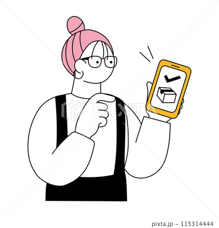 スマートフォンで宅配を頼む女性のシンプルな線画イラスト 115314444