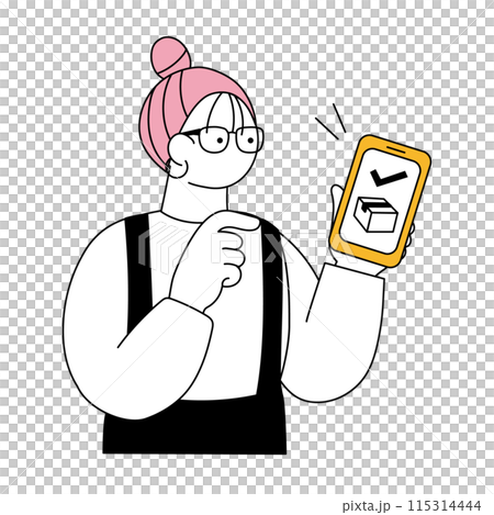 スマートフォンで宅配を頼む女性のシンプルな線画イラスト 115314444