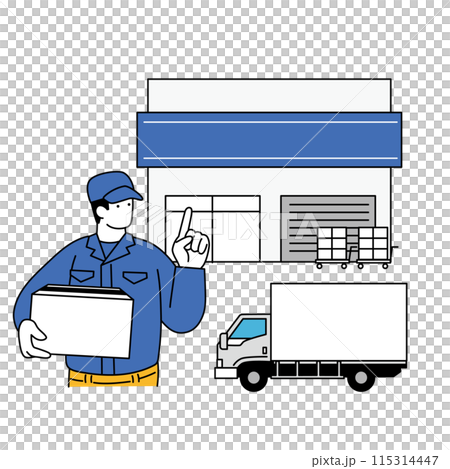 A simple line drawing illustration of a delivery truck, a sales office, and a delivery worker wearing work clothes 115314447