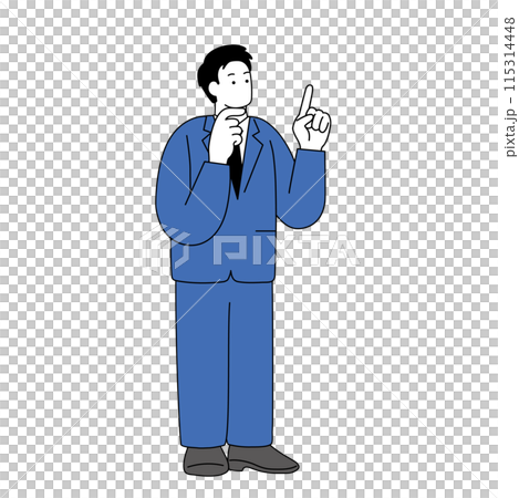 A simple line drawing of a man in a suit pointing and thinking 115314448