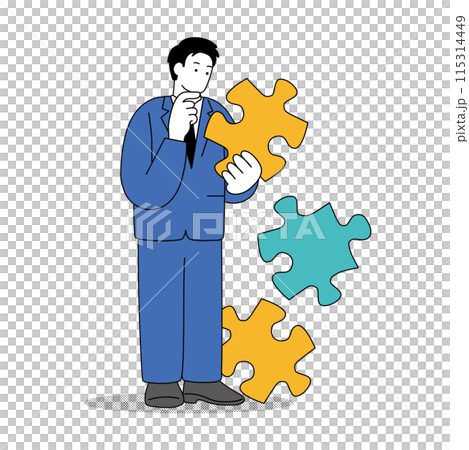 Simple line drawing illustration of a man in a suit holding a puzzle and thinking 115314449