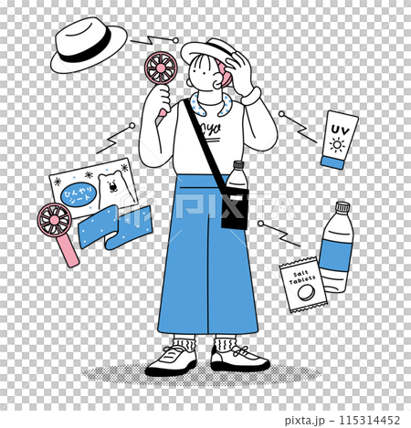Simple line drawing illustration of a young woman taking measures against heat stroke 115314452