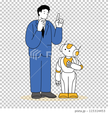 人工智慧機器人和穿西裝的男人的簡單線條畫插圖 人工智慧機器人和穿西裝的男人的簡單線條畫插圖 115314453