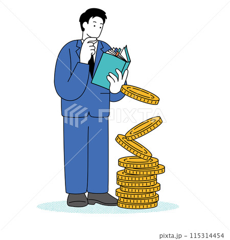 お金について勉強をするスーツを着た男性のシンプルな線画イラスト お金について勉強をするスーツを着た男性のシンプルな線画イラスト 115314454