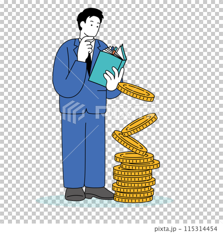 お金について勉強をするスーツを着た男性のシンプルな線画イラスト お金について勉強をするスーツを着た男性のシンプルな線画イラスト 115314454