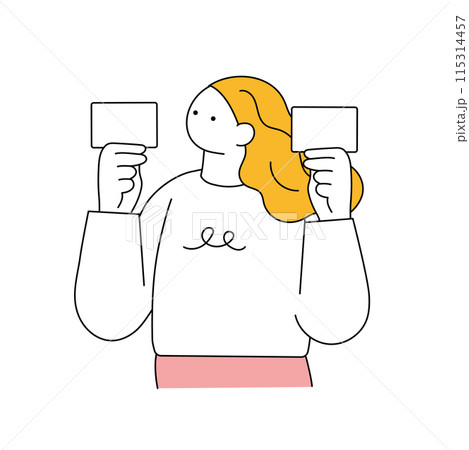 2枚のカードを持つのシンプルな線画の女性イラスト 115314457