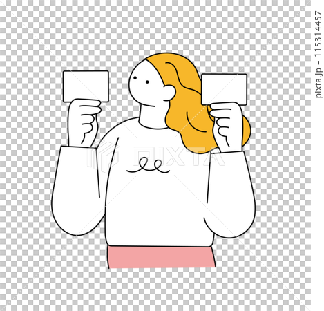 2枚のカードを持つのシンプルな線画の女性イラスト 115314457
