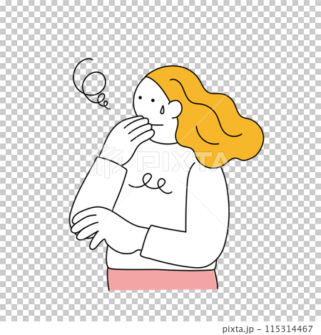 Simple line drawing of a woman with her hand over her mouth 115314467