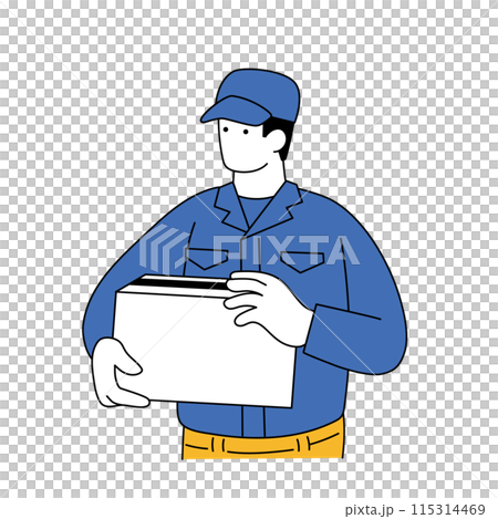 Simple line drawing illustration of a delivery worker carrying a package 115314469