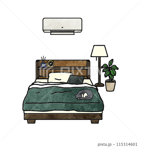 おしゃれな寝室・エアコン・猫／水彩風 115314601