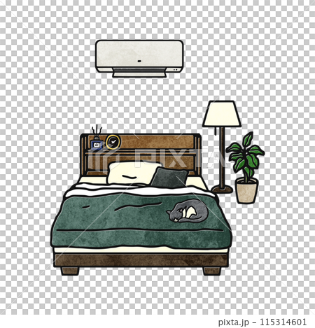 おしゃれな寝室・エアコン・猫／水彩風 115314601