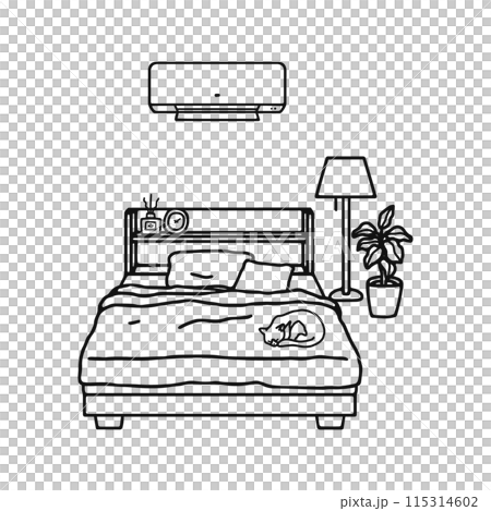 Stylish bedroom, air conditioner, cat / line drawing Stylish bedroom, air conditioner, cat / line drawing 115314602