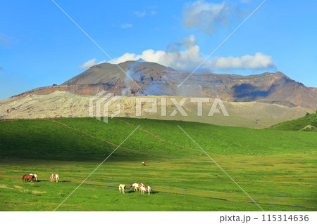 【熊本県】快晴の阿蘇山の山頂(中岳) 【熊本県】快晴の阿蘇山の山頂(中岳) 115314636