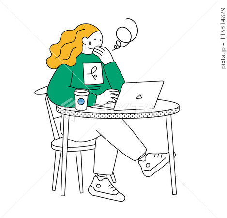 パソコンをする困った表情の女性のシンプルな線画イラスト 115314829