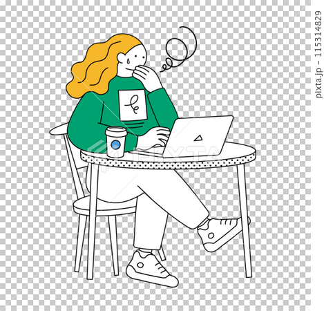 パソコンをする困った表情の女性のシンプルな線画イラスト 115314829