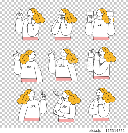 A set of simple line drawings of women with various facial expressions A set of simple line drawings of women with various facial expressions 115314831