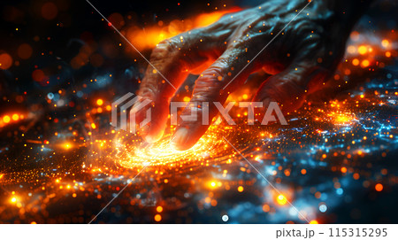 Human fingers on electrical data light and electronic signage digital circuit and processor board in futuristic technology. Science fiction 115315295