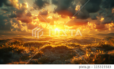 Landscape beautiful sunset and sunrise in valley meadow grass field 115315583