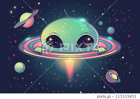 Cartoon Alien Flying Through Space In A Saucer 115315651