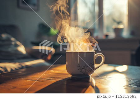 Steaming Cup of Coffee on a Wooden Table in a Sunlit Room 115315665