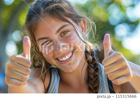 Smiling Woman With Braided Hair Gives Thumbs Up On Sunny Day 115315666